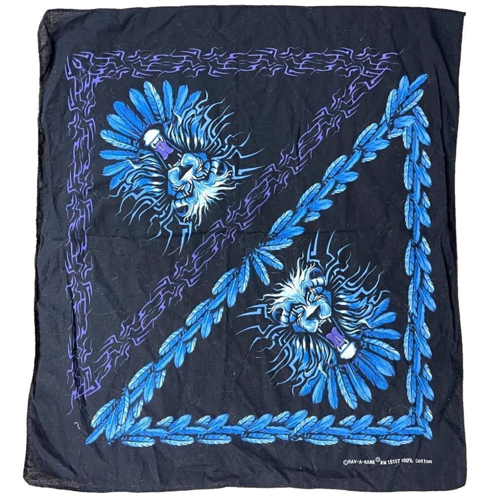 Vintage Hav-A-Hank Black Biker Bandanas with Blue and Purple Lion Designs. 2 pcs
